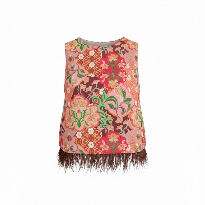 Floral Feather-Trim Blouse