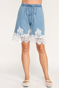 Lace Trim Denim Shorts